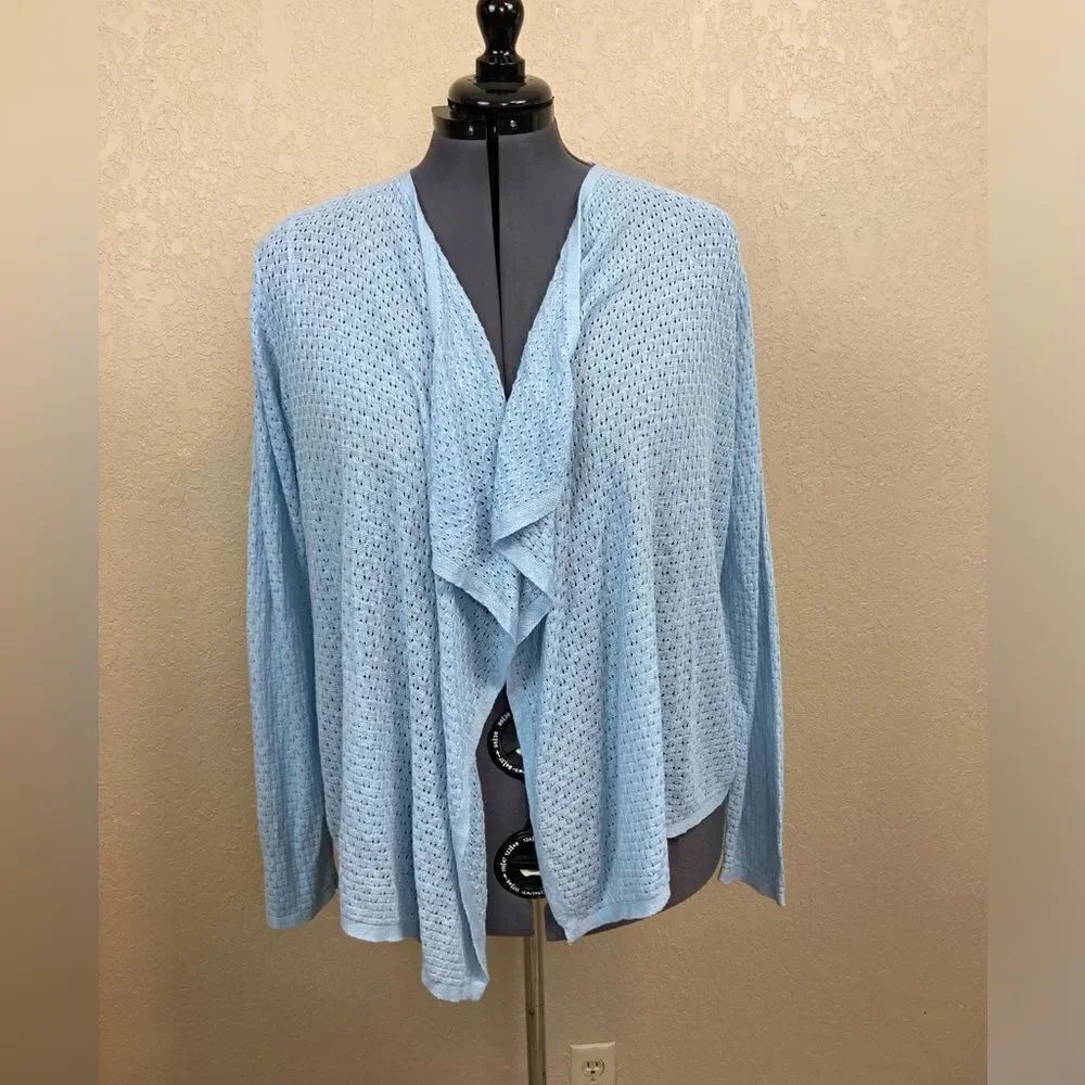 Tahari pointelle open lacy cardigan w/ shawl or waterfall neckline linen/rayon